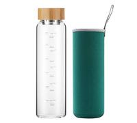 Sunkey Glass Water Bottle 32 oz Green | Wide Mouth, with Sleeve, Bamboo Lid, Motivational Water Bottle, With Time Marker, Reusable, Safe for Hot Cold Drinks, Bpa Free