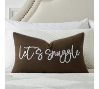 Sunkifover Let's Snuggle Decorative Lumbar Pillow Cover - 12x20 Inch Brown and White Cotton Embroidery Throw Pillowcase for Bed, Bedroom, Living Room, Home Decor