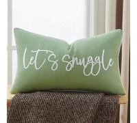 Sunkifover Let's Snuggle Decorative Lumbar Pillow Cover - 12x20 Inch Sage Green and White Cotton Embroidery Throw Pillowcase for Bed, Bedroom, Living Room, Home Decor