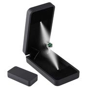 sunking Black Italian Grain Leather Rotating LED Proposal Ring Box, Mini Pocketable Cool White Light Up Engagement Ring Holder Fits Diamond ≤14mm & Band ≤4mm for Wedding Surprise Gift