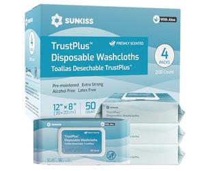 SUNKISS Trustplus Wet Wipes for Adult, Extra Thick 20 x 30 cm Body Cleaning Wipes with Aloe for Incontinence & Cleansing, Fresh Scent, 200 Count (4 Packs of 50)