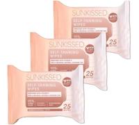 Sunkissed Self-Tanning 25 Wipes, Enriched with Vitamin E, Natural Looking Tan, Biodegradeble Wipes, Gradual Self-Tan Towelettes for Face & Body, Streak-Free, Quick-Drying, Vegan (Pack of 3)