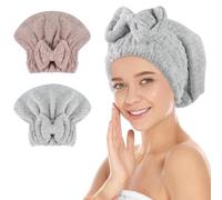 SUNLAND Large Microfiber Hair Drying Caps with Bowknot Quick Dry Shower Cap Soft and Absorbent Hair Turban Bath Caps for Curly Thick Wet Hair 11x13.4 Inch 2 Pack