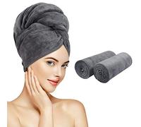 Sunland Microfiber Hair Drying Towel 2 Pack Super Absorbent Quick Dry Magic Hair Turban for Drying Long Hair Soft and Large 50cmx100cm Grey