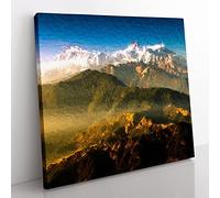Sunlight Bathing the Mountains in Nepal Modern Canvas Wall Art Print Ready to Hang, Framed Picture for Living Room Bedroom Home Office Décor, 35x35 cm (14x14 Inch)