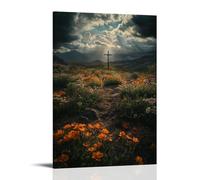 Sunlight Breaks through Dark Clouds, Illuminating A Lone Cross at The Center of A Scorched Valley, Surrounded by Blooming Flowers. Contemporary Wall Mural - Decorative Hanging Poster Art 16x24inch(40x