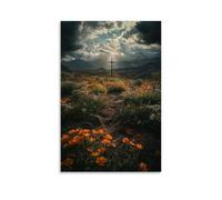 Sunlight Breaks through Dark Clouds, Illuminating A Lone Cross at The Center of A Scorched Valley, Surrounded by Blooming Flowers. Contemporary Wall Mural - Decorative Hanging Poster Art 08x12inch(20x