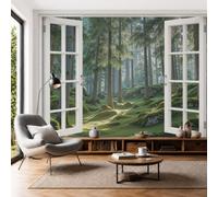 Sunlight Filtering Through The Forest Photo Mural Wallpaper Window View Primeval Pine Forest Wall Covering Poster Silk Wall Art for Living Room, Lounge, Studio, Office Decor, 200x140cm, Moss Green