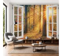 Sunlight Filters Through The Trees Wall Murals 250x175cm Mural Wallpaper Autumn Forest Wall Art Large Format Digital Print for Bedroom Living Room Tv Background Wall Decoration, Caramel Gold