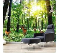 Sunlight Green Forest Flying Birds Elk Modern 3D Wallpaper Premium Textured Silk Neutral Tones Material Ideal for Living Room Bedroom-400cm×280cm
