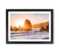 Sunlight Over Rodeo Beach Painting Framed Print | A2 Black Framed Wall Art | Ready to Hang | Modern Beach Picture | Living Room Bedroom Lounge Office