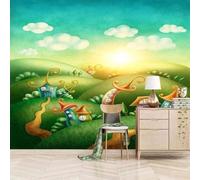 Sunlight White Clouds Cartoon Houses Trees Modern 3D Wallpaper Premium Textured Silk Neutral Tones Material Ideal for Living Room Bedroom-400cm×280cm