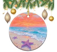 Sunlit Beach & Starfish Ceramic Christmas Ornaments with Gold String - Round Double Sided Porcelain Tree Decorations for Fireplace, Mantel, Wreath Holiday Party Decor (2.8 Inch)