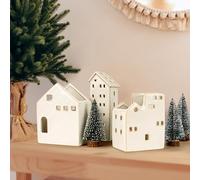 Sunlit Ceramic Christmas Village Sets of 3 Houses with 3 Tea Lights & 3 Frosted Trees, Christmas Decorations Indoor, Xmas Holiday Farmhouse Vintage Rustic Decor, Beige