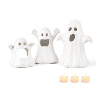 Sunlit Ceramic Ghost with 3 Tea Lights, Spooky Candle Holder Set of 3, Tabletop Indoor Halloween Decorations, Spooky Sculptures Ghost Figurines, White