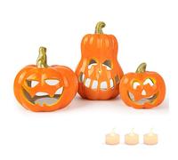 Sunlit Ceramic Pumpkin with 3 Tea Lights, Jack-O-Lantern Candle Holder Set of 3, Tabletop Indoor Halloween Decorations for Holiday Party Home