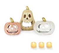 Sunlit Ceramic Pumpkin with 3 Tea Lights, Jack O Lantern Candle Holder Set of 3, Tabletop Indoor Halloween Decorations for Holiday Party Home, Pearl Finish
