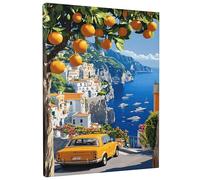 Sunlit Coastal Orange Tree Wall Art, Colorful Amalfi Coast Landscape Canvas Print, Aesthetic Home Decor for Living Room, Bedroom, Kitchen, Unframed 12x16 Inch