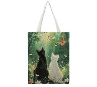 Sunlit Forest Black & White Cat Butterfly 04 Canvas Tote Bag, Reusable Eco-Friendly Shopping Grocery Bag, Casual Fashion Shoulder Handbag, Versatile Stylish Bag for Outdoor Activities, 38x46CM