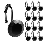 Sunlit Luxury Design Round Black Diamond Crystal Gem Bling with Glide Balls Shower Curtain Hooks with Black Hooks, Rust Proof Metal Rhinestones Glam Decorative Shower Curtain Rings, Set of 12