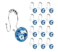 Sunlit Luxury Design Round Blue Diamond Crystal Gem Bling with Glide Balls Double Shower Curtain Hooks, Rust Proof Metal Rhinestones Glam Shower Curtain Rings-12 Pack
