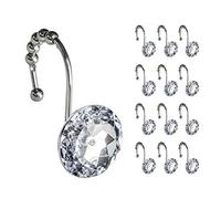 Sunlit Luxury Design Round Clear Diamond Crystal Gem Bling with Glide Balls Shower Curtain Hooks, Rust Proof Metal Rhinestones Glam Shower Curtain Rings-12 Pack, White Round Diamond (SCH001)