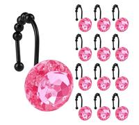 Sunlit Luxury Design Round Hot Pink Diamond Crystal Gem Bling with Glide Balls Shower Curtain Hooks, Rust Proof Metal Rhinestones Glam Shower Curtain Rings with Black Hooks, Set of 12