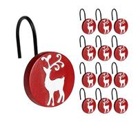 Sunlit Merry Christmas Shower Curtain Hooks, White Reindeer Red Shower Curtain Rings with Black Hooks, Resin, Winter Bathroom Decoration, Set of 12