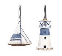 Sunlit Nautical Shower Curtain Hooks, Home Decorative Coastal Shower Curtain Rings for Bathroom, Resin, Ocean Shower Curtain Hanger Hooks for Living Room, Set of 12, Blue Lighthouse Sailboat