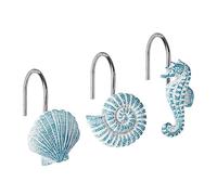 Sunlit Seashells Decorative Shower Curtain Hooks, Aqua Blue Ocean Creatures Coastal Shower Curtain Rings, Resin, Nautical Bathroom Decoration Beach Shower Curtain Hooks-12 Pack