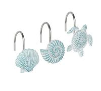 Sunlit Seashells Decorative Shower Curtain Hooks, Aqua Blue Scallop Nautilus & Sea Turtle Shower Curtain Rings, Resin, Nautical Bathroom Decoration Beach Shower Curtain Hooks-12 Pack