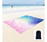 Sunlit Silky Soft Beach Blanket Sand Proof Mat with Corner Pockets 270x205cm Mesh Bag, Beach Party, Travel, Camping and Outdoor Music Festival, Mandala Blue Pink