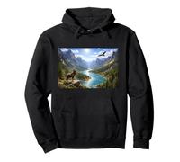 Sunlit Valley Elk and Eagle Majestic Mountain River Pullover Hoodie