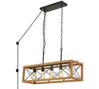 SUNLLOK 5 Lights Wood Rectangular Chandelier, Industrial Farmhouse Linear Pendant Light, Height Adjustable Plug in Ceiling Hanging Light Fixture for Kitchen Island, Living Room, Restaurant