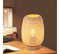 SUNLLOK Bedside Bmaboo Table Lamp with Wood Base, Vintage Rattan Cage Lampshade Small Nightstand Table Lamp with Swtich, Industrial Reading Desk Light Decor for Living Room, Kids Room, Ktichen Island
