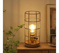 SUNLLOK Modern Small Cage Desk Lamp with Wood Base - Mid Century Vintage Rustic Edison Standing Table Lamp Antique Holder - Industrial Bedside Night Light Decoration for Living Room Bedroom, Gold