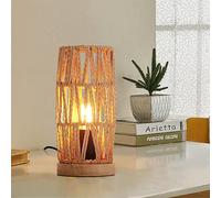 SUNLLOK Rope Table Lamp with Wood Base, Vintage Rattan Cage Lampshade Small Nightstand Table Lamp for Bedroom, Industrial Reading Boho Desk Light Decor for Living Room, Kids Room, Ktichen Island