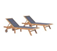 Sunlounger 206x60x35cm Teak wood Textilene fabric Foldable 2pcs Warm col wheels