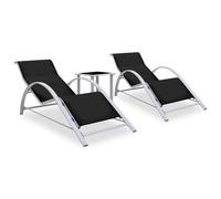 Sunlounger Set 2+1 Black Aluminium Textilene w/ Tempered Glass Table 167x60x66cm