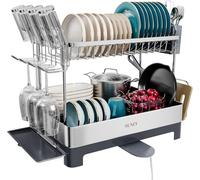 SUNLY dish drainer rack, 2 Tier Dish Drying Rack, draining board rack, 304 Stainless Steel dish drainer, Anti-Slip, High Safety Performance, Extendable Drain Spout, Gray