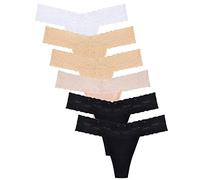 Sunm Boutique Lace Thongs for Women, Cotton Womens Underwear Pack, Sexy Low Rise T Back Cheeky Panties, 6 Pack - White*1/Skin Tone*2/Pink Velvet*1/Black*2, M