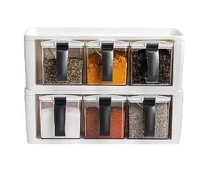 Sunmeit Spice Rack Spice Rack PS+PP 3 Grids with Handle,Cover & Spoon,Clear Kitchen Salt Pepper Sugar Canisters Combo Set Stackable Cruet