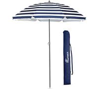 SUNMER 1.8M Beach Umbrella - Tilting Portable Beach Parasol with UV Protection & Fade Resistant Fabric, Lightweight Two Piece Steel Pole - Professional Garden & Travel Sun Shade - Blue & White