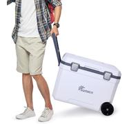 SUNMER Wheeled Cooler Box 45L - PU Foam Insulated Ice Chest with 72-Hour Cold Retention - Cool Box on Wheels with Drain Plug & Cup Holders - Large Ice Cooler Box for Camping & Beach - White