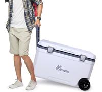 SUNMER Wheeled Cooler Box 70L - PU Foam Insulated Ice Chest with 72-Hour Cold Retention - Cool Box on Wheels with Drain Plug & Cup Holders - Large Ice Cooler Box for Camping & Beach - White