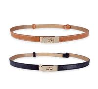SUNNEE 2 Pack Women Skinny Leather Belt, Adjustable Slim Thin Waist Belt with Alloy Turn Lock, Solid Decorative Waistband for Dresses Jeans Pants
