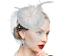SUNNEE Fascinator Hat for Women Bridal Wedding Feather Fascinator Mesh Pillbox Hat with Veil Tea Party Church Headwear Hat White