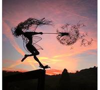 SUNNEE Garden Fairy Silhouette,Fairy Holding Dandelions Stake Metal Art Elf Silhouette Ornament Sculpture for Outdoor Garden Lawn Yard,Faries and Dandelions Decor(Waving Fairy)