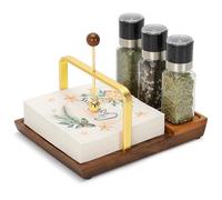 SUNNEKO Wooden Napkin Holder for Tables, Dinner Serviette Holder for Square Paper, Salt Bottle, Pepper Shakers, Metal Center Ball Paperweight, for Kitchen Cocktail Bar Dinning Countertop