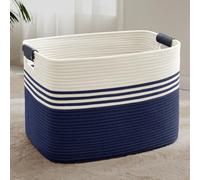 SunNewt 100L Extra Large Laundry Basket with Leather Handles for Living Room Storage, Woven Rope Baskets for Blanket, Kids Toy, Gifts, Wicker Hamper for Bedroom Dirty Clothes, 24"x16"x16" White Navy